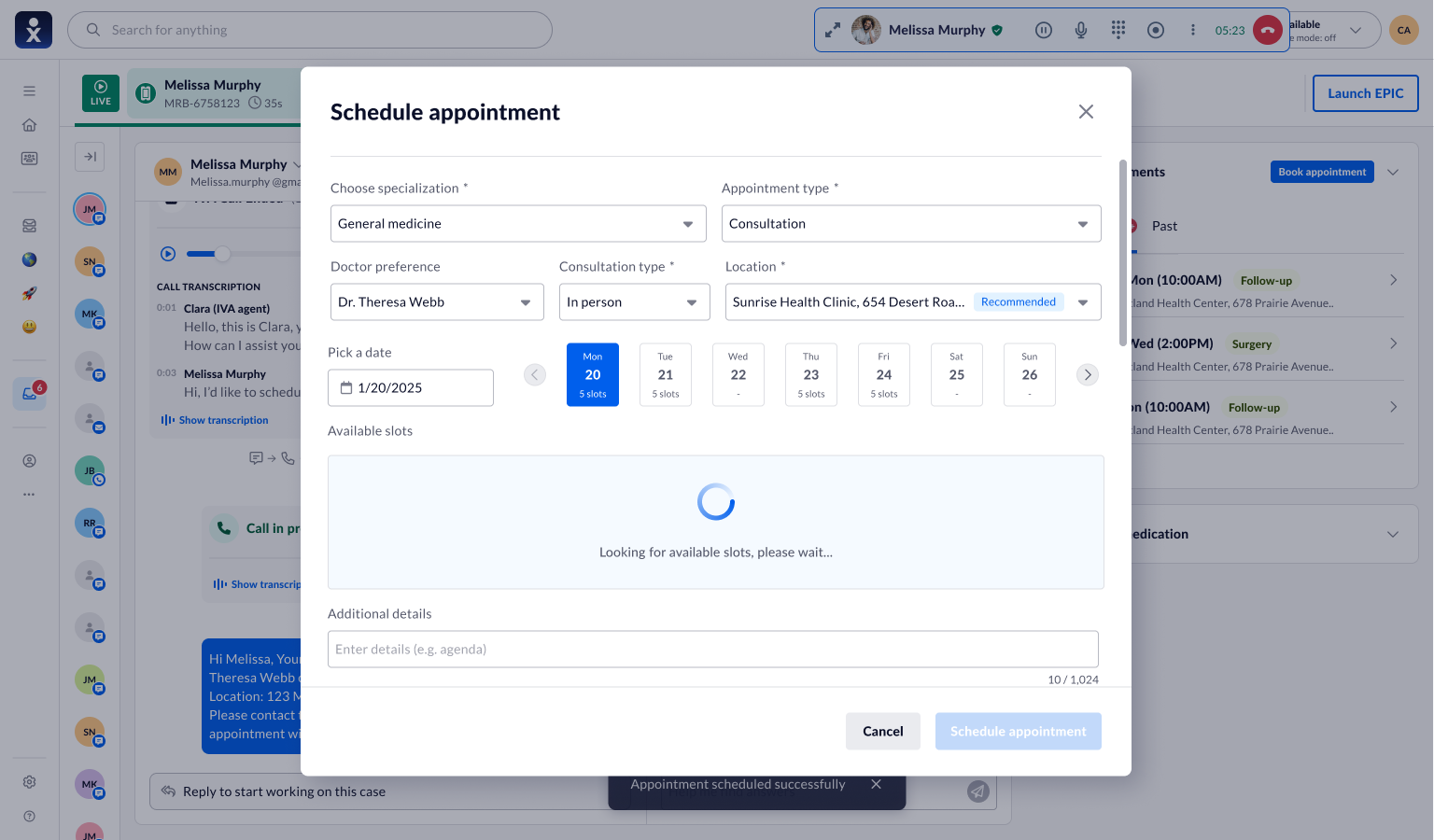 Schedule appointment modal with a date range picked and available slots loading